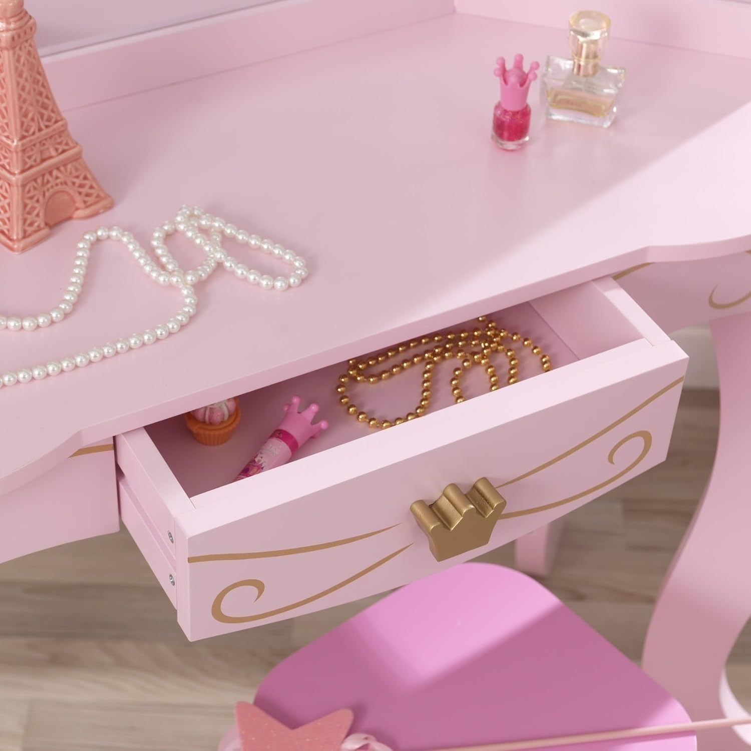 Kids Wooden Princess Vanity Table with Mirror, Stool & Storage Drawer