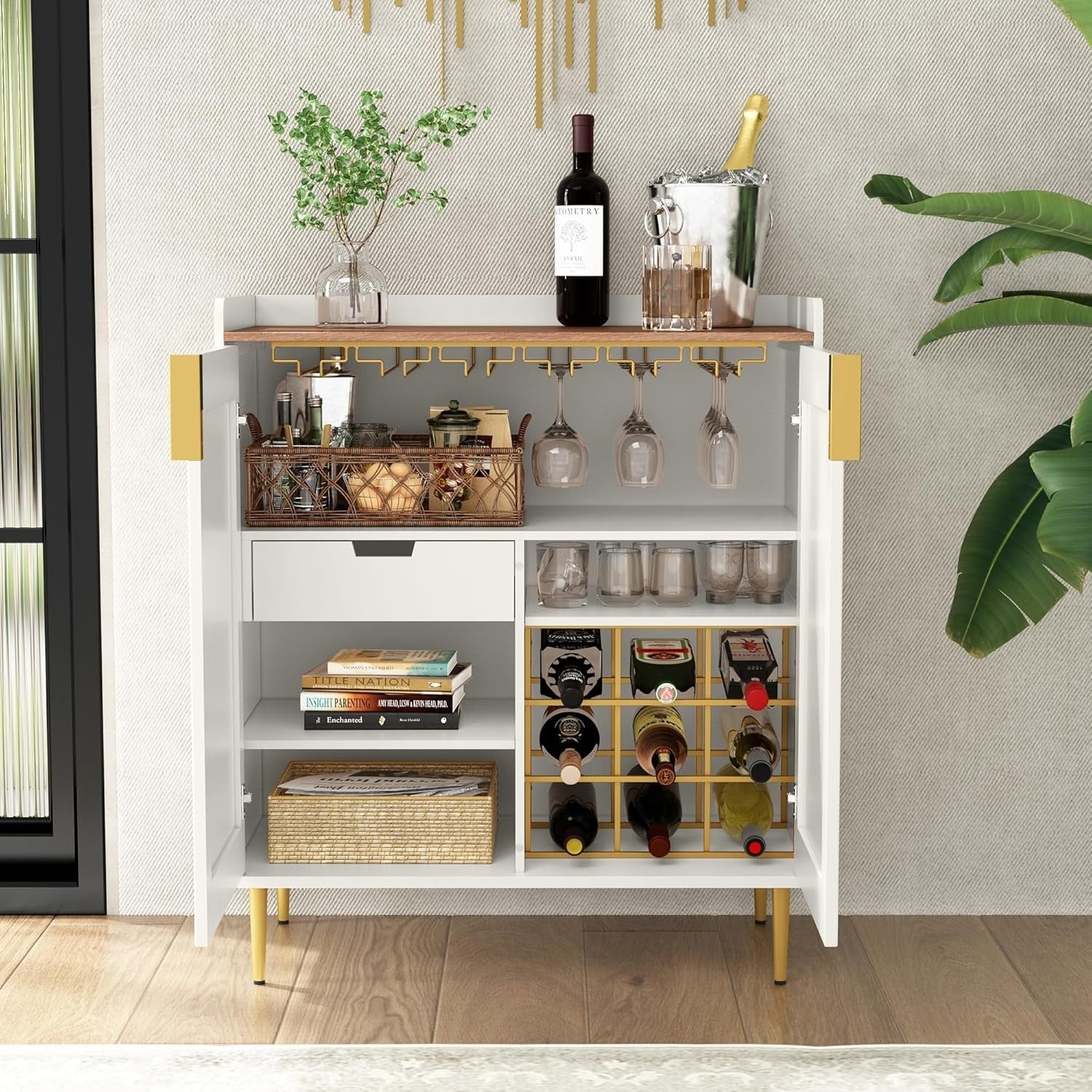 Modern White Drinks Cabinet with Wine Rack & Glass Holders – Sideboard Bar Unit