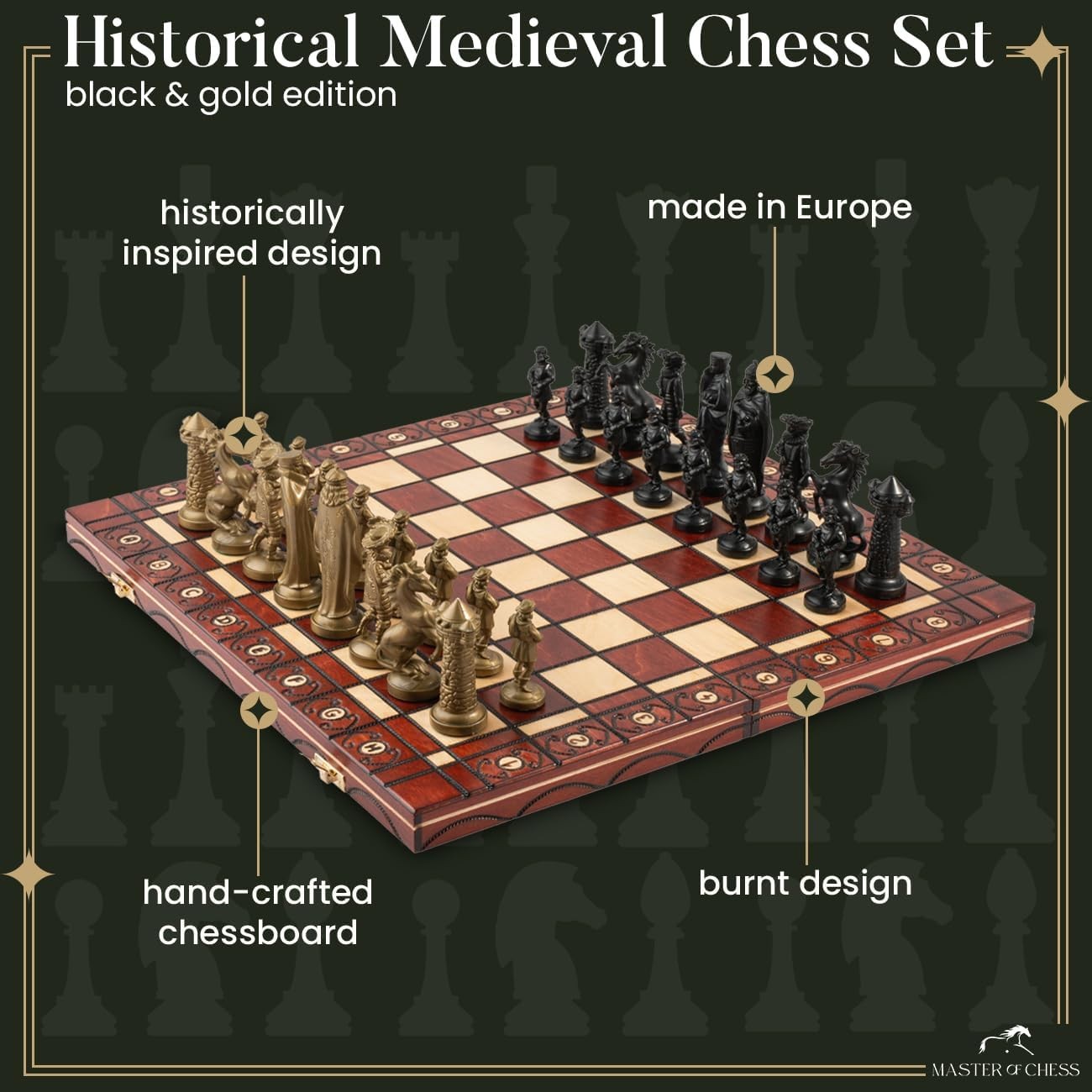 Luxury Medieval Chess Set 42cm Foldable Wooden Board Weighted Pieces Gift