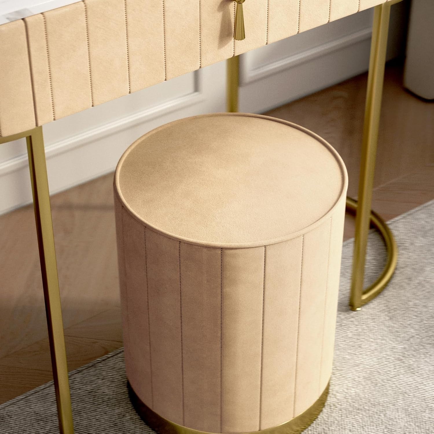 Luxury Cream Dressing Table Vanity Set LED Mirror Stool Gold Marble Effect