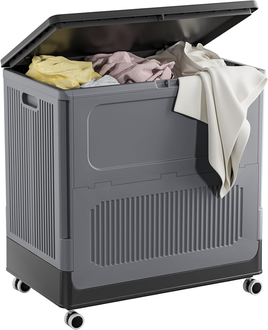 130L Large Laundry Basket with Lid & Wheels | Lockable Rolling Laundry Bin Grey
