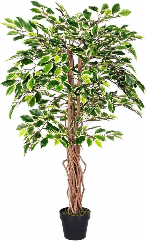 4ft Variegated Ficus Tree Real Wood Trunk Lifelike Indoor Artificial Plant Decor