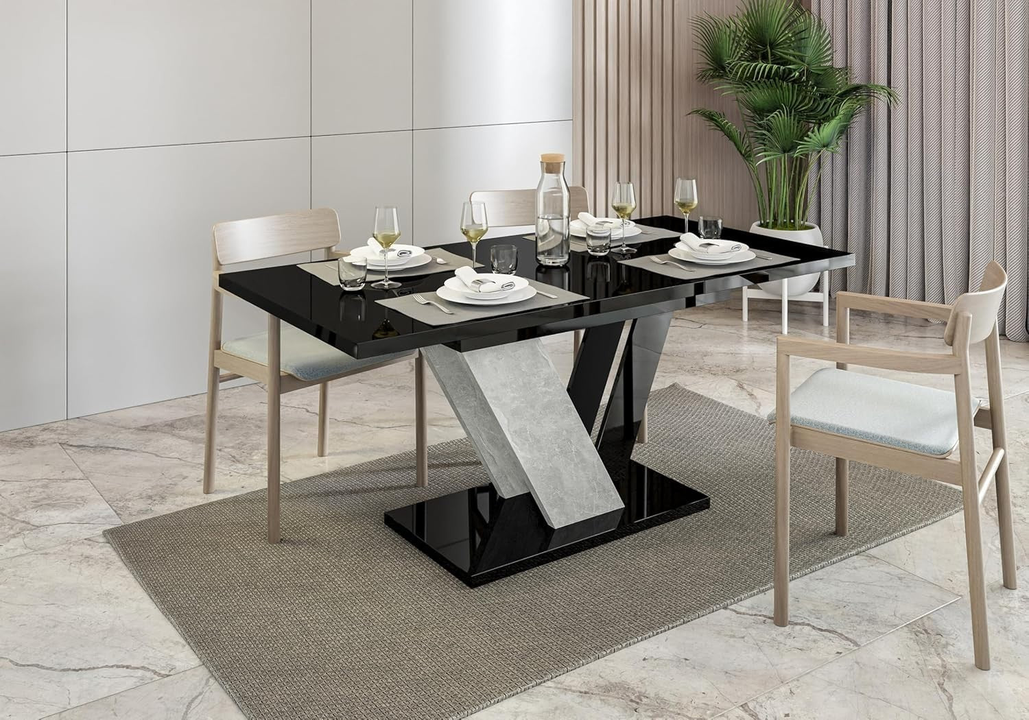 Extendable Marble Dining Table Black White Gloss 6 Seater Modern 160cm