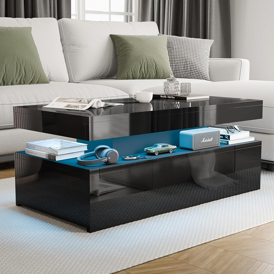 High Gloss Rectangle Coffee Table with 2 Drawers & RGB LED Lights 94x47x38cm