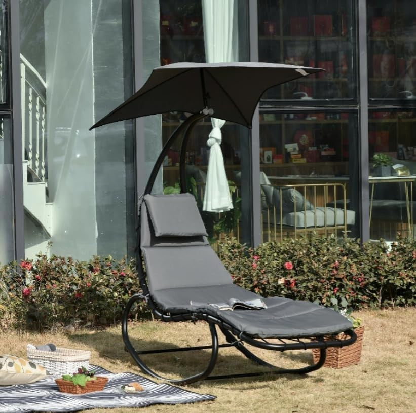 Outdoor Rocking Sun Lounger with Canopy – Grey Swing Daybed Chair Seat