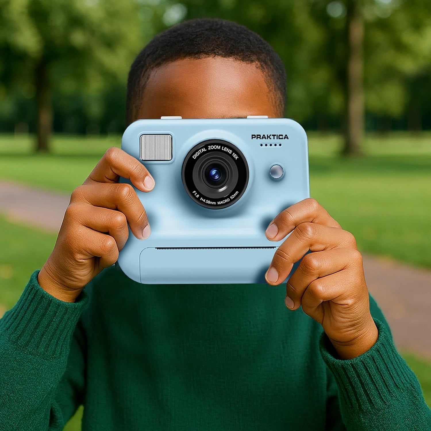 Kids Instant Print Sticker Camera Blue Dual Lens 120 Stickers Kit