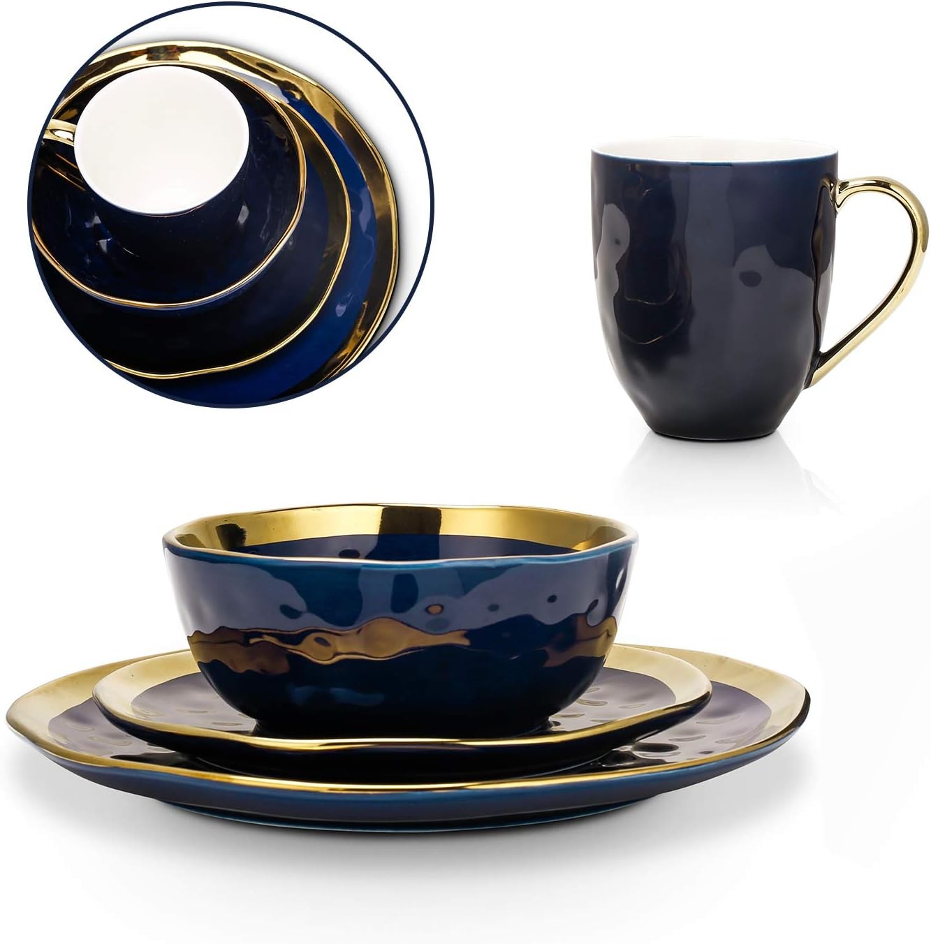 Blue Porcelain Dinnerware Set 16 Piece Service for 4 Gold Rim Plates