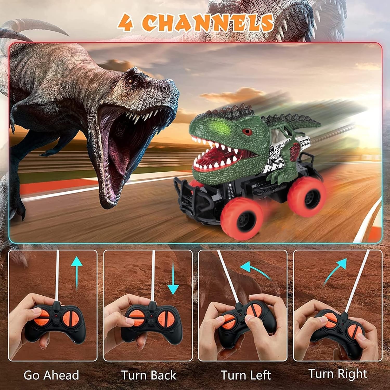 Dinosaur Remote Control Car for Kids 3–8, LED Light Monster Truck Toy