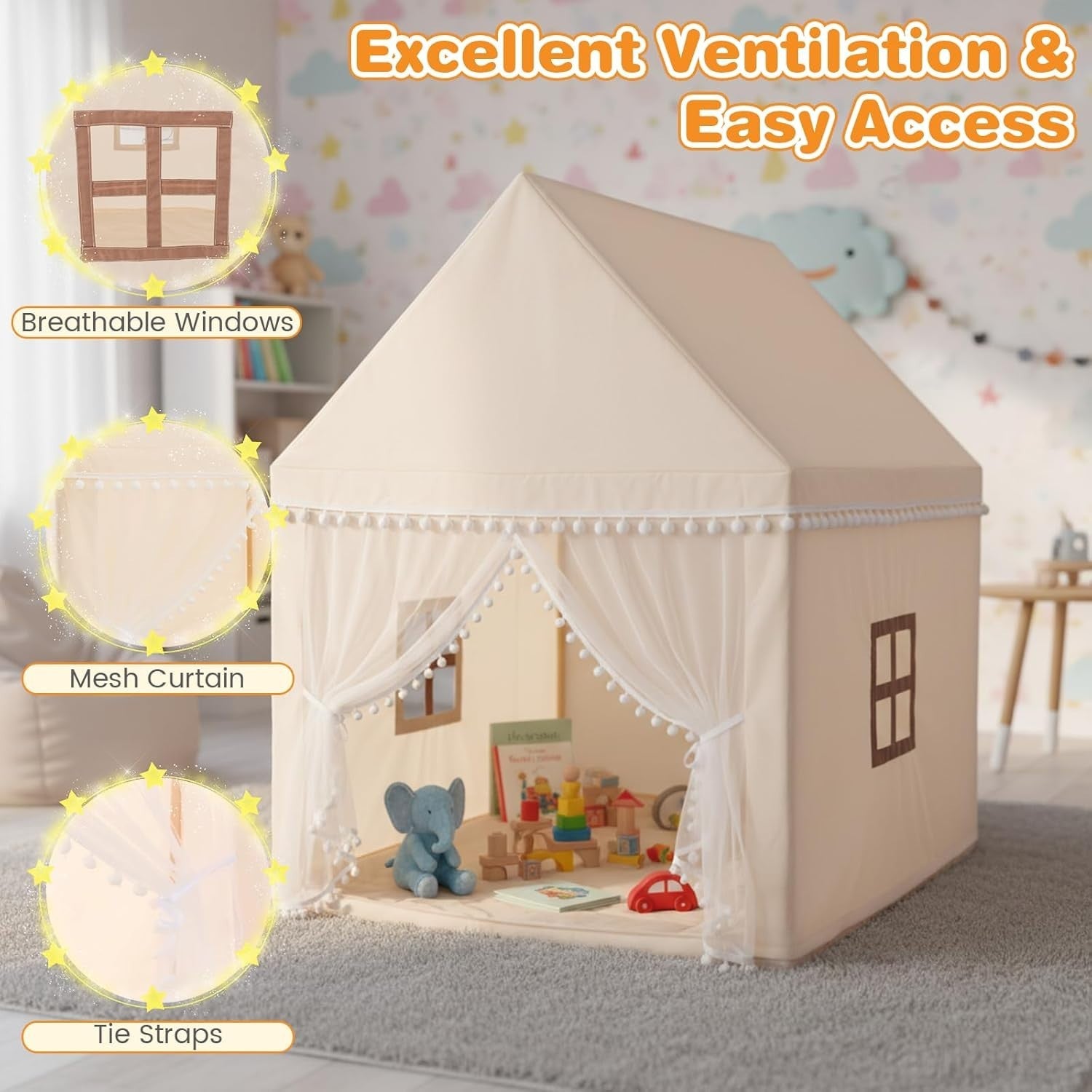Large Wooden Kids Play Tent Indoor Outdoor Castle w Washable Mat
