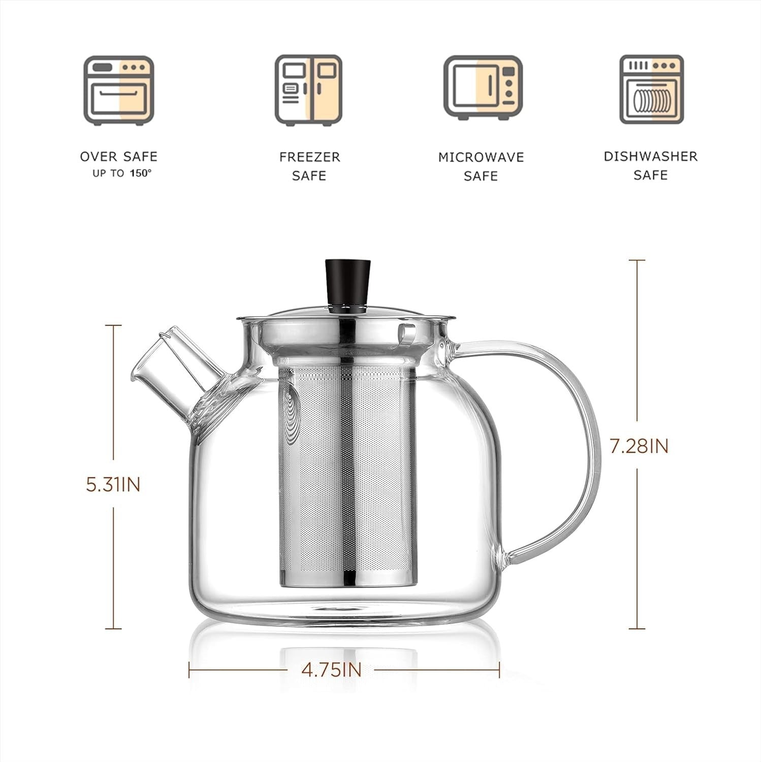 Glass Teapot 800ml w/ Stainless Steel Infuser Stovetop Safe Tea Pot