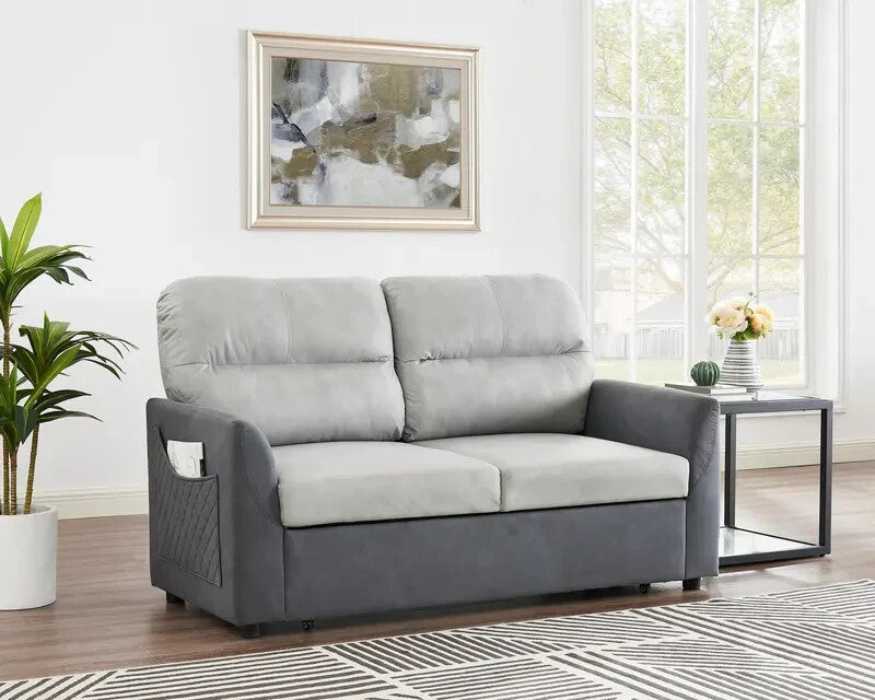 2 Seater Grey Sofa Bed Clic Clac Pull Out with Storage Pockets Fabric Seat
