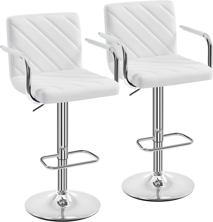 White Adjustable Swivel Bar Stools Set of 2 Faux Leather Armchairs
