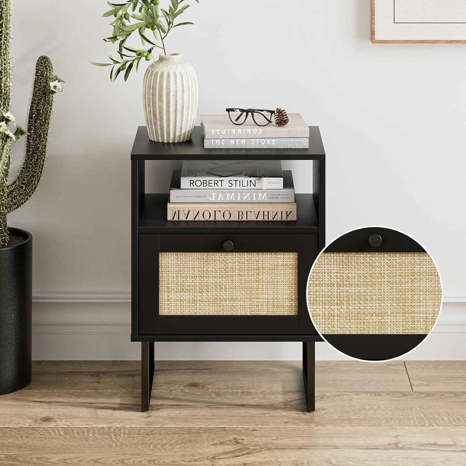 Modern Black Rattan Bedside Table with Drawer & Shelf Metal Frame Nightstand