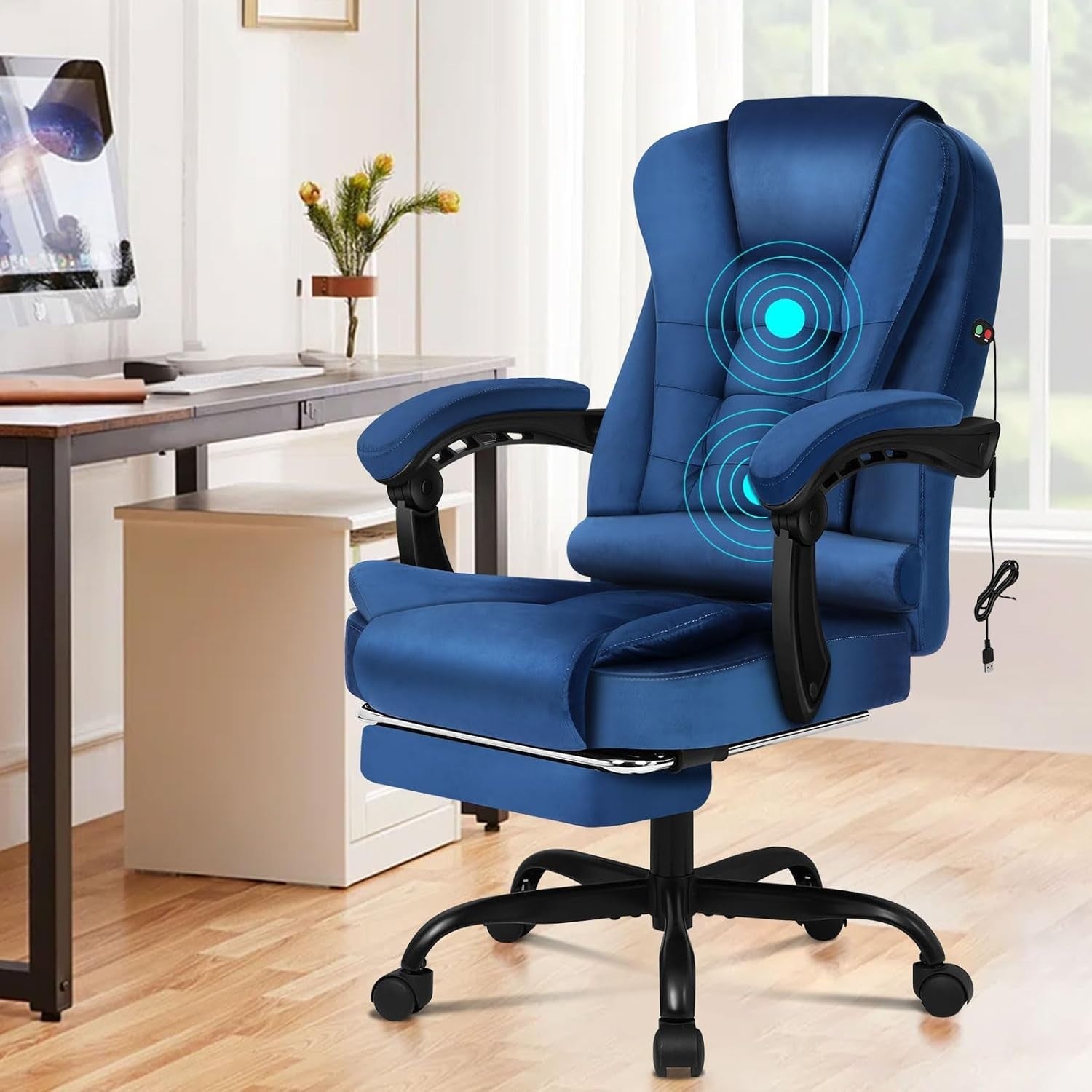 Executive Massage Office Chair Reclining Velvet Adjustable Height Footrest Swive