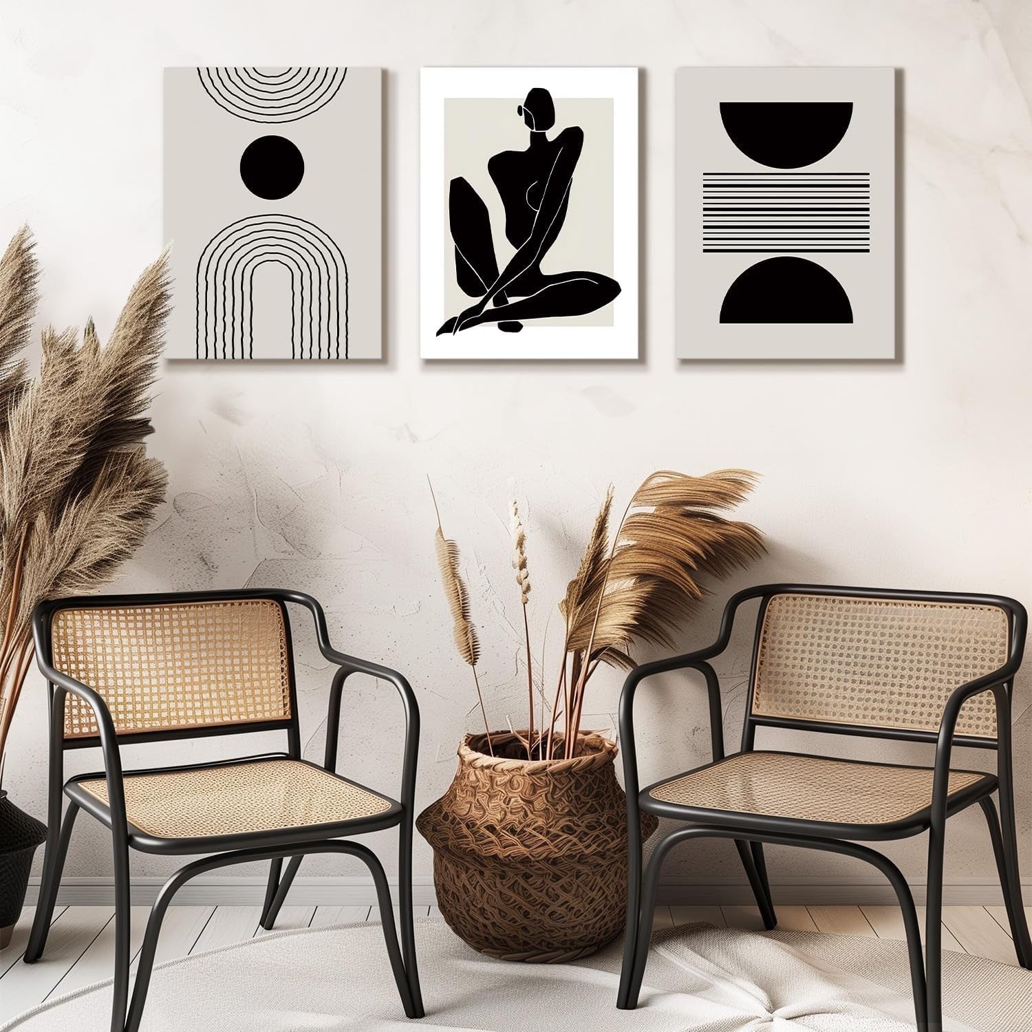 Boho Abstract Wall Art Set of 3 Framed Black White 12x16in