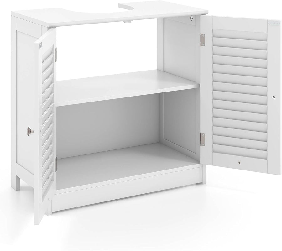 White Under Sink Bathroom Cabinet with Shutter Doors & Adjustable Storage Shelf