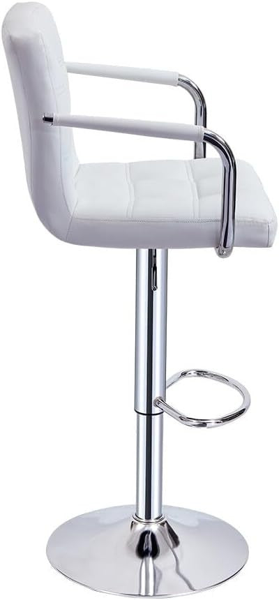 Set of 2 White Adjustable Swivel Bar Stools with Armrests & PU Leather