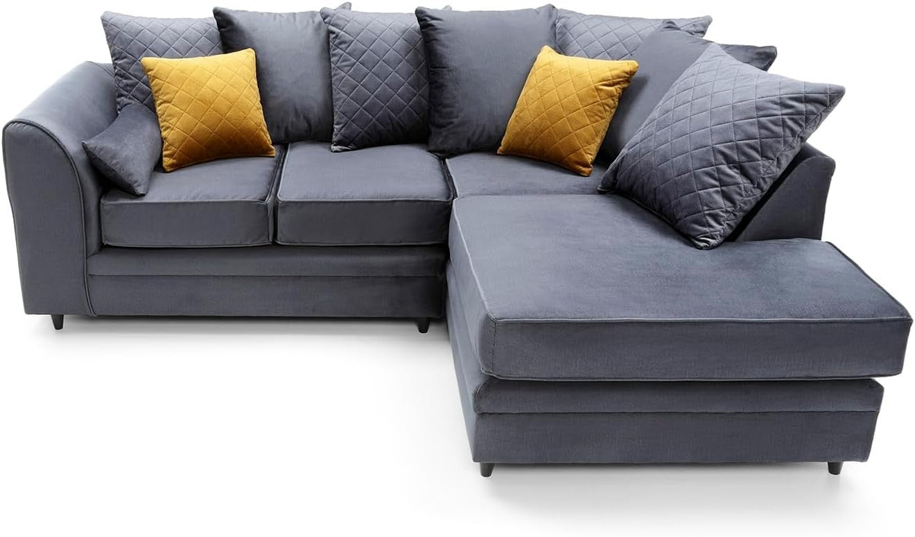 Dark Grey Right Hand L Shape Corner Sofa Velvet Water-Repellent Plush Comfort