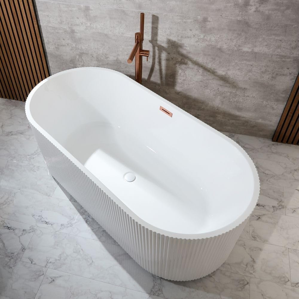 White Double Ended Freestanding Fluted Bath 1700x800mm Copper Overflow
