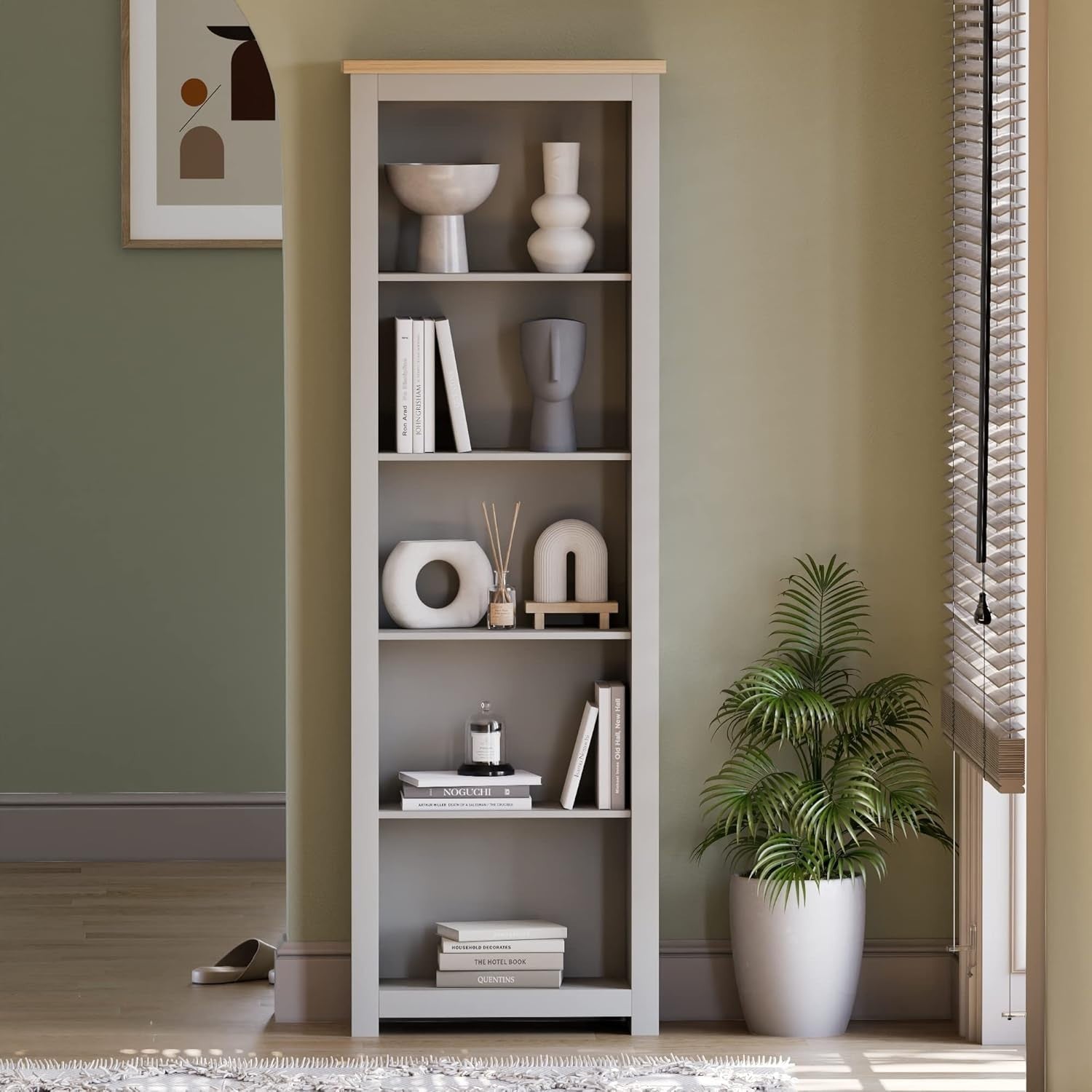 5 Tier Grey Oak Ladder Bookcase – Tall Modern Display Storage Shelf Unit 175cm