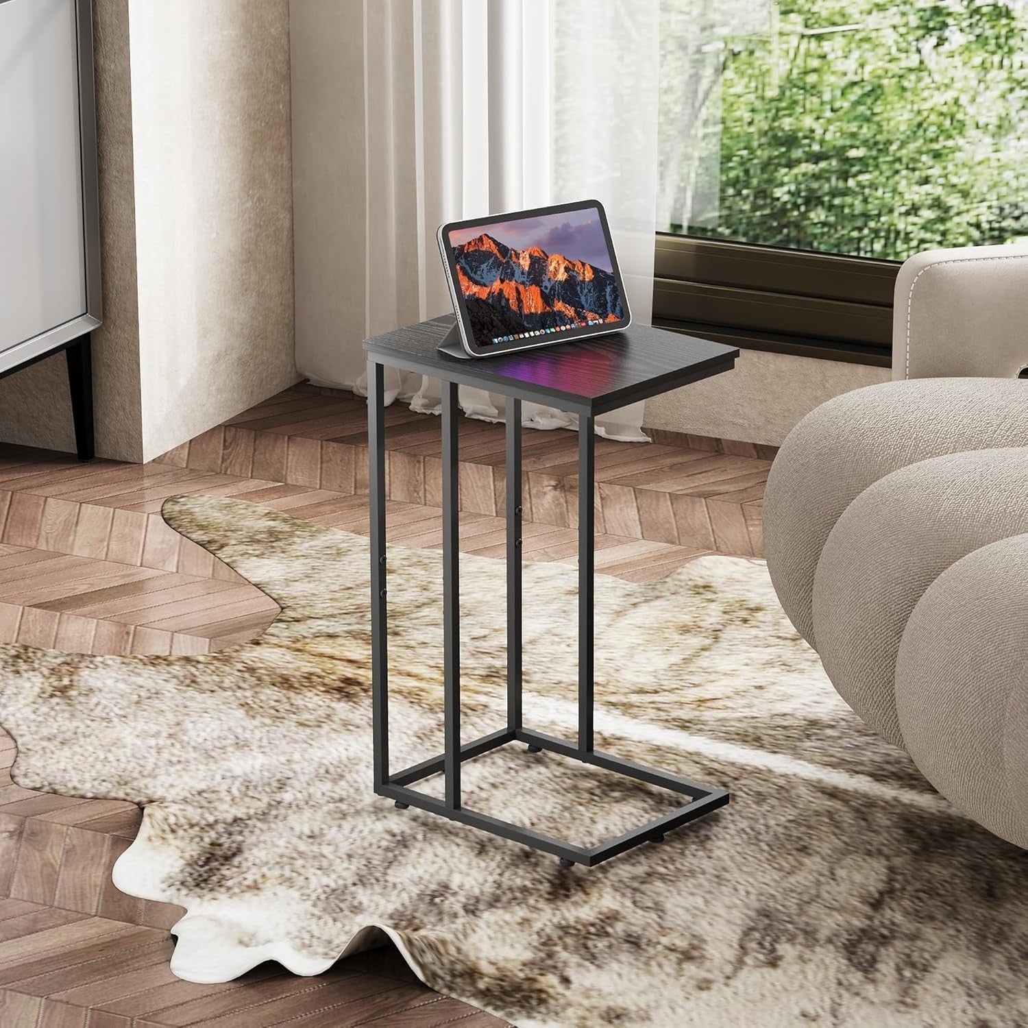 Space-Saving C-Shaped Side Table with 2 Tiers, Durable Steel Frame, Black