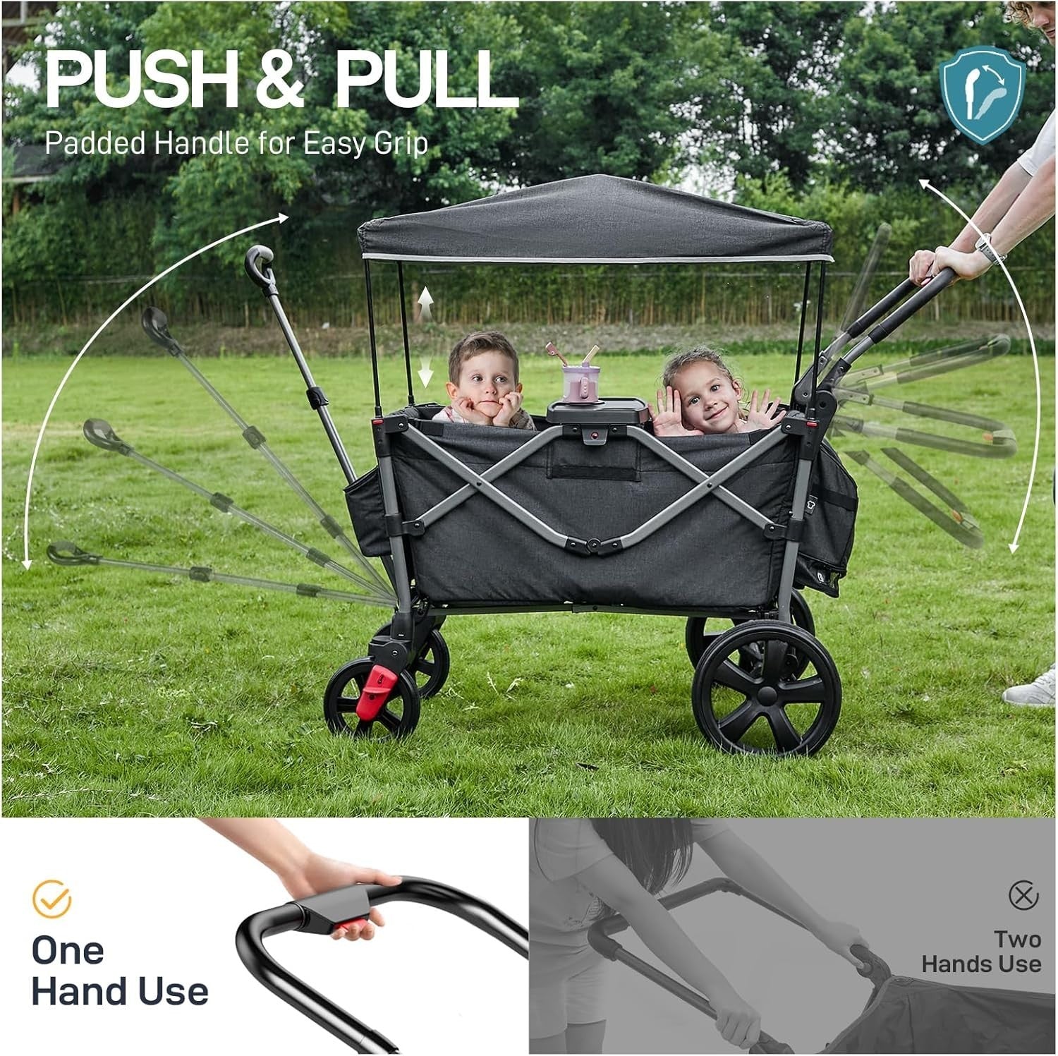 Black Stroller Wagon for 2 Kids w/ Canopy & Seats – Push Pull Cart Harnesses