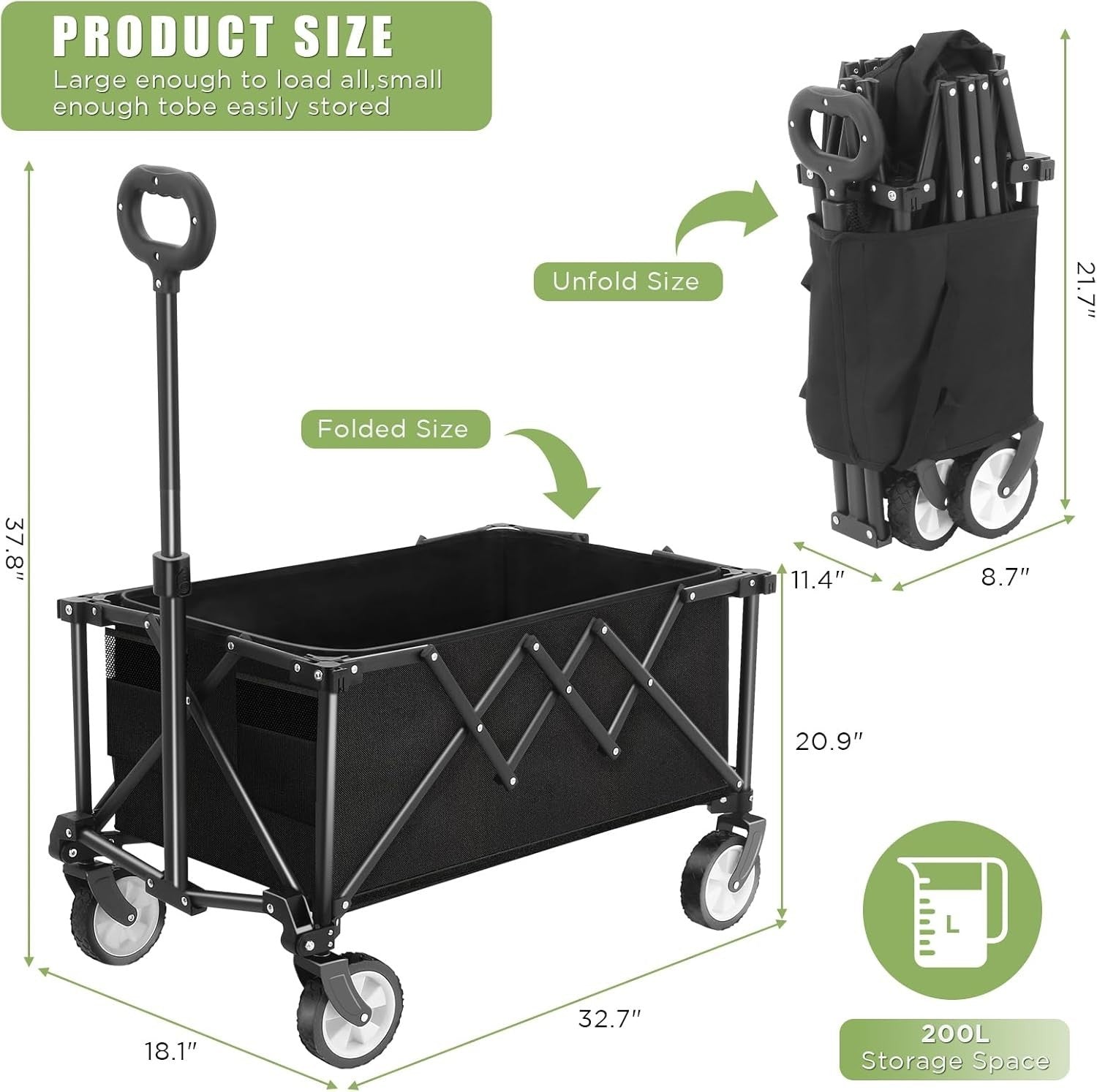 Black Heavy Duty Folding Wagon 100L All-Terrain Garden Camping Beach Trolley