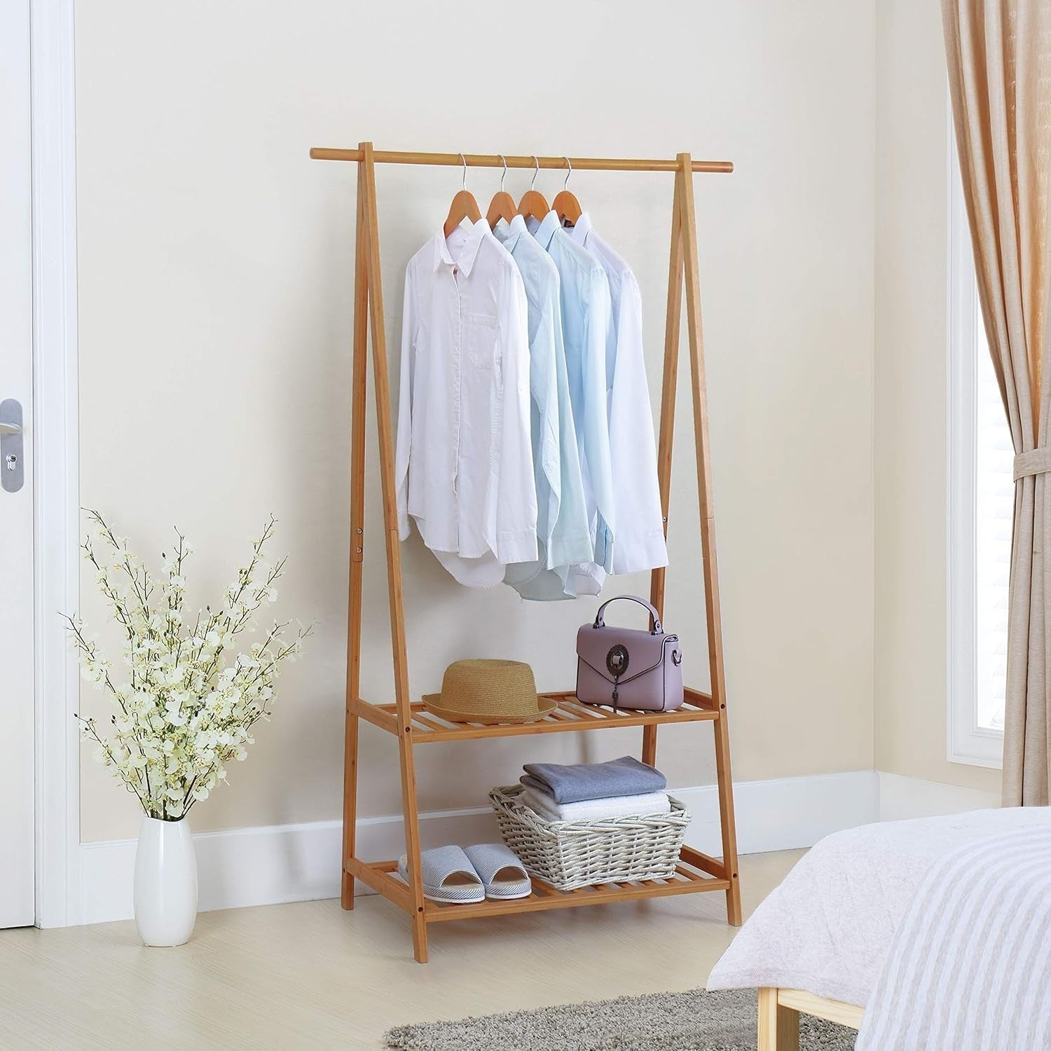 Extra Large Bamboo Clothes Rack with 2 Shelves – Brown