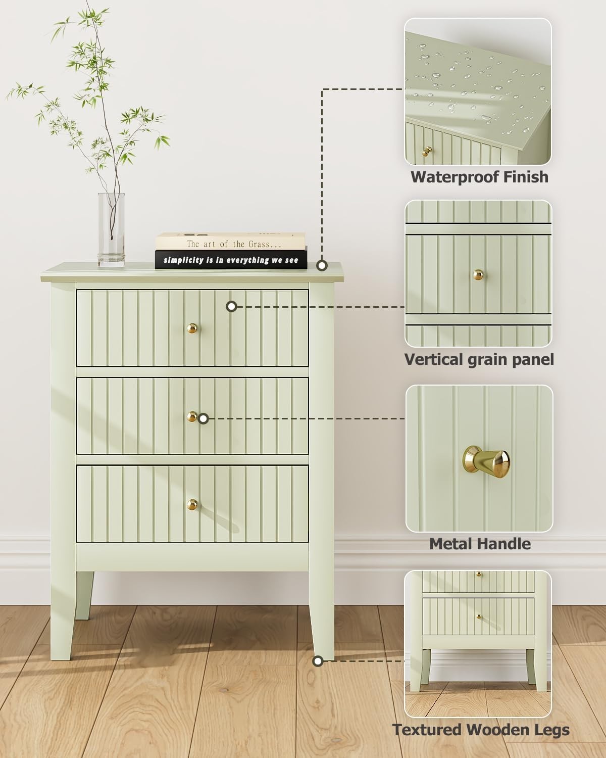 Modern Green Bedside Table with 3 Drawers Wooden Nightstand Bedroom Storage