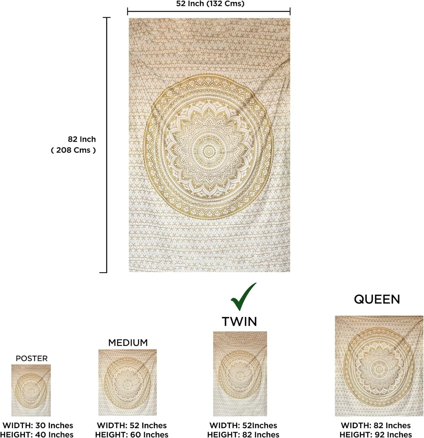Boho White Gold Mandala Tapestry 55x82" Cotton Wall Hanging