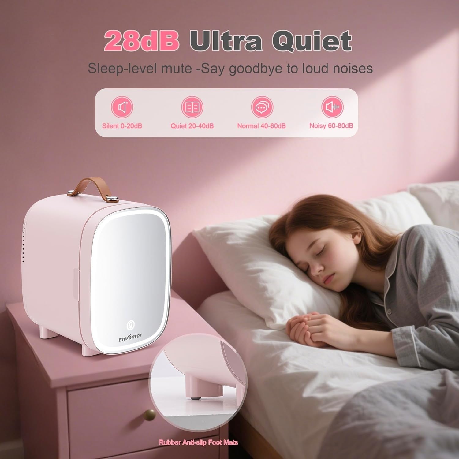 Portable 4L Mini Fridge Cooler Warmer with LED Makeup Mirror Pink