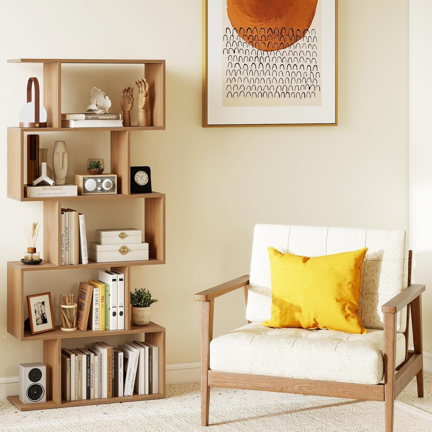 Natural Wood S-Shaped 5/6 Tier Bookcase Modern Display Shelf Storage Unit 70cm