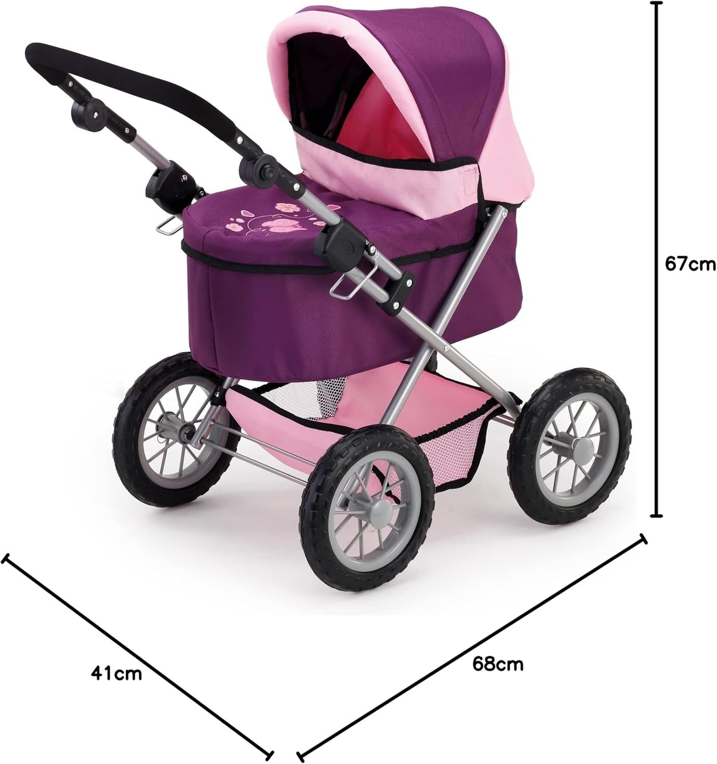 Doll Pram Stroller Foldable Height Adjustable Handle Basket Bag Purple
