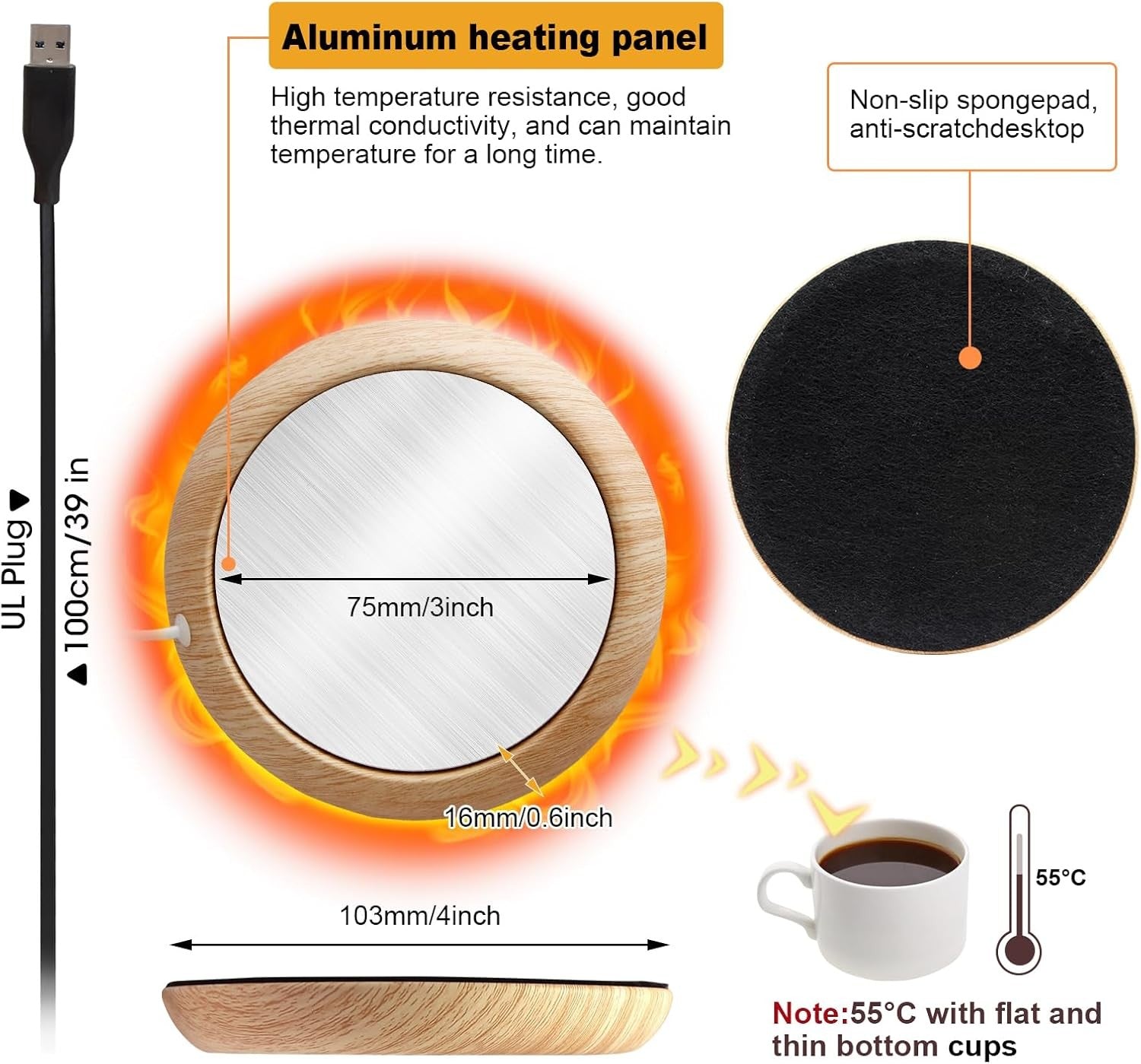 USB Coffee Mug Warmer 75mm Non Slip Heated Coaster