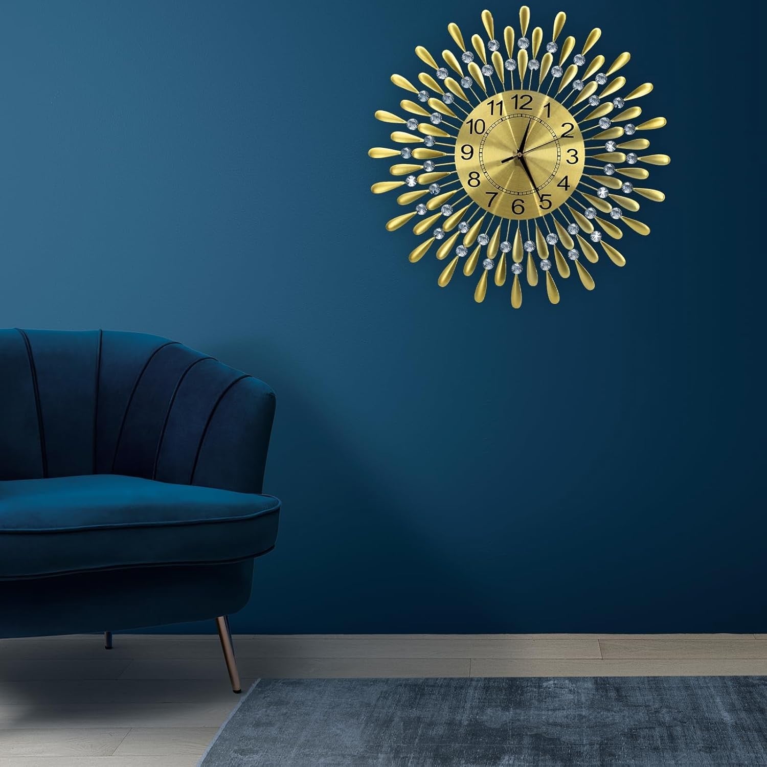 60cm Golden Sunburst Wall Clock – Luxury Diamante Beaded Metal Design