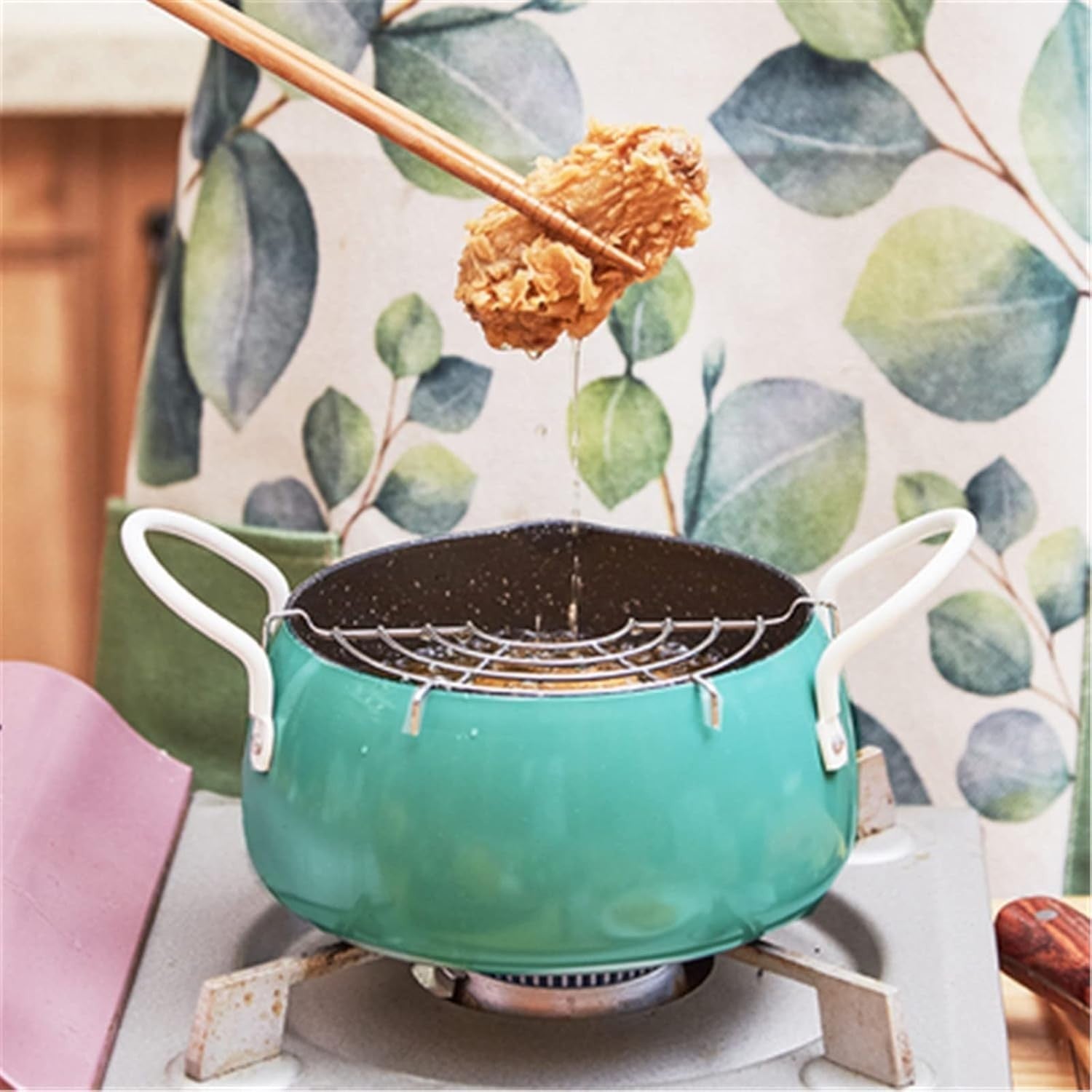 Small Deep Frying Pot Tempura Fryer Pan Home Kitchen Green