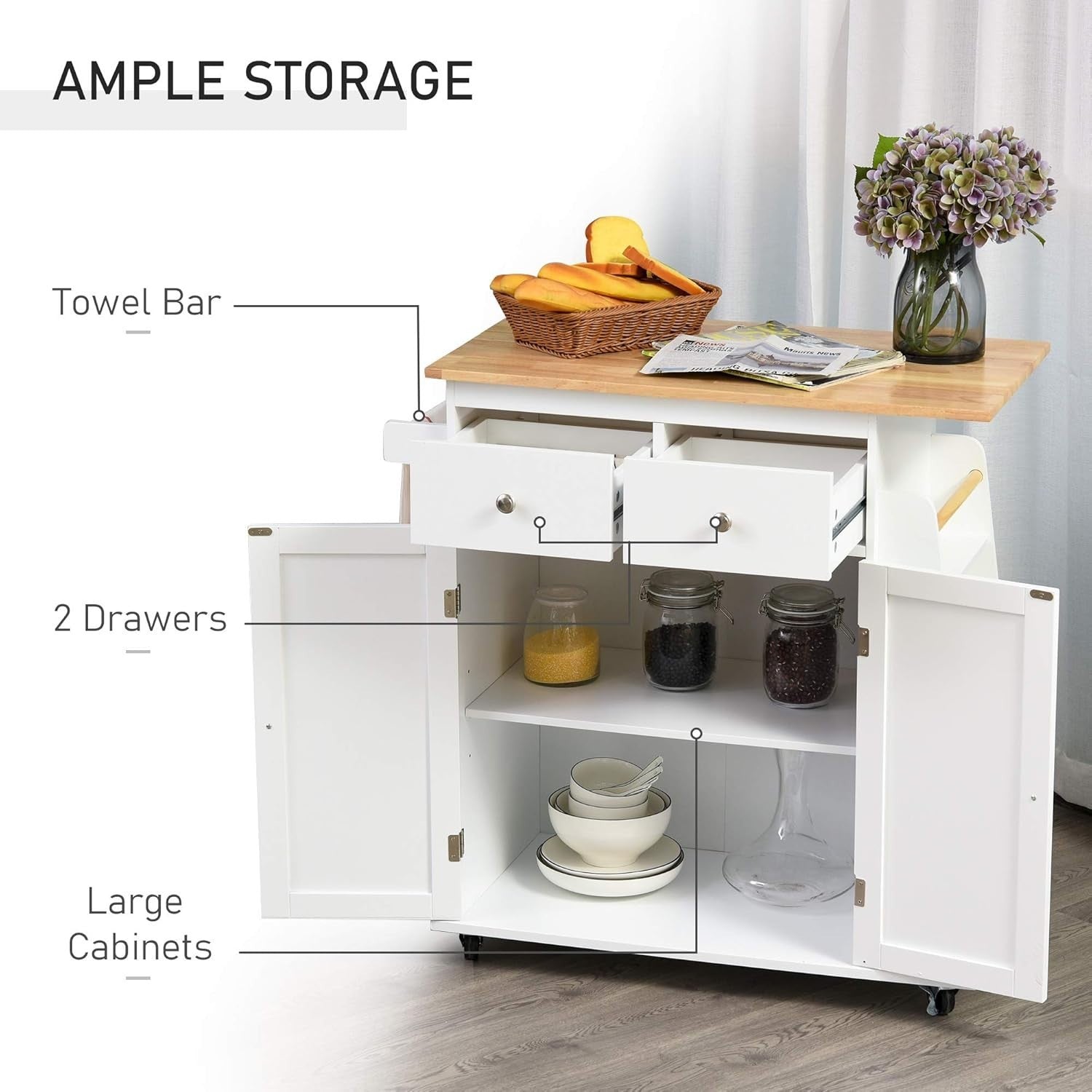 Rolling Kitchen Island Cart with Rubberwood Top, Drawers & Spice Rack