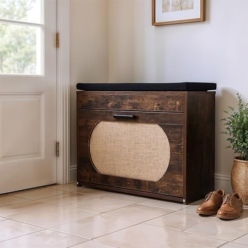 Rustic Brown Shoe Storage Bench with Cushion & Flip Drawer – Hallway Seat