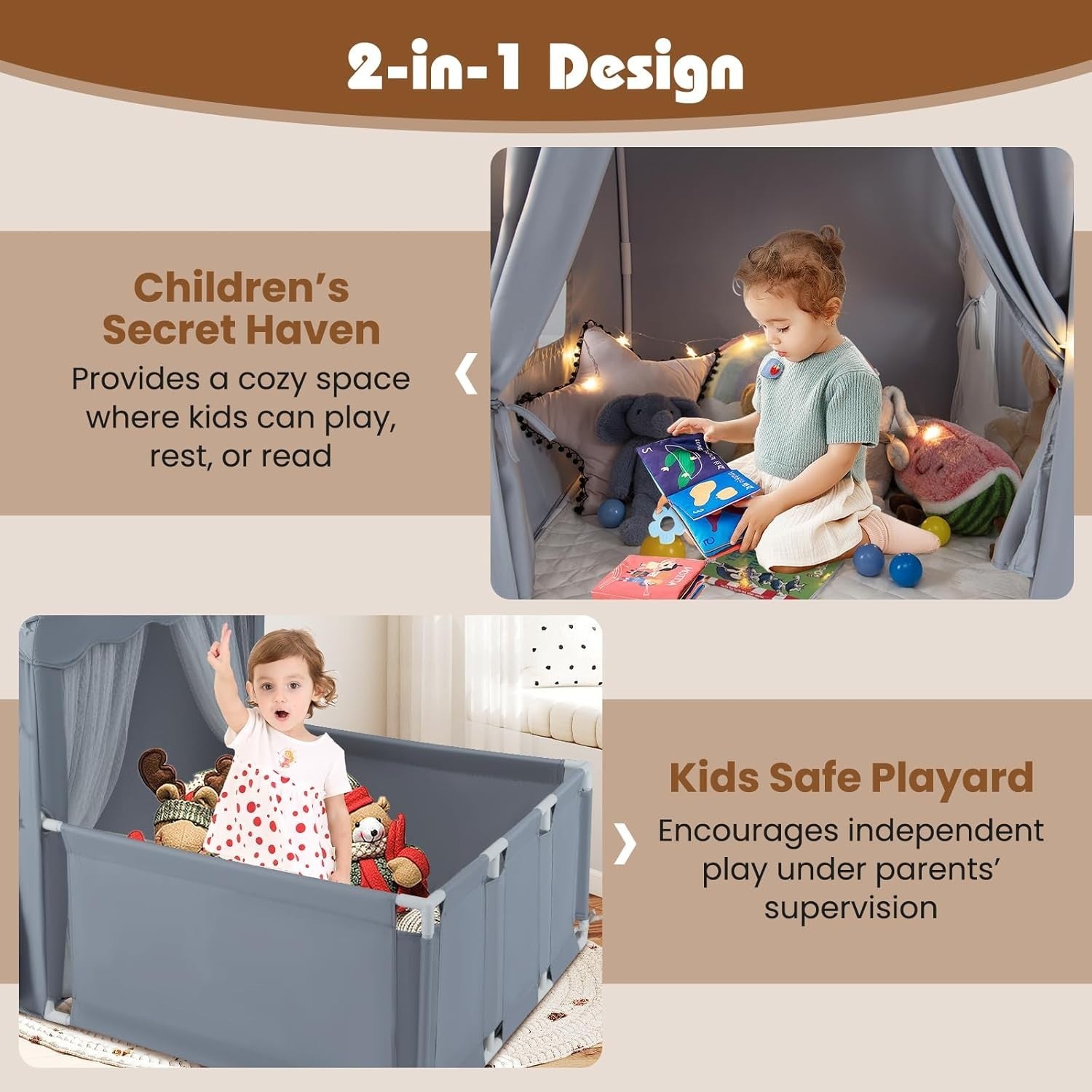 Kids Play Tent Grey Castle with Lights Mat Indoor Toddler Playhouse