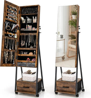Mobile Jewelry Cabinet with Wheels Lockable Full Length Mirror Organizer