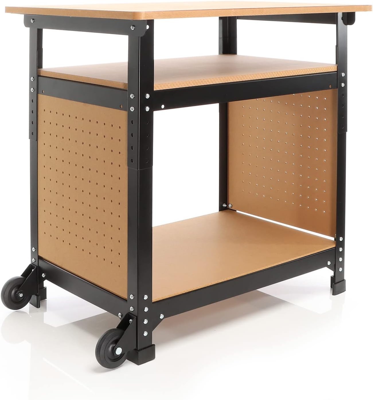 Mobile Adjustable Workbench 66–82cm Steel Table Wheels MDF Top Shelves Pegboard