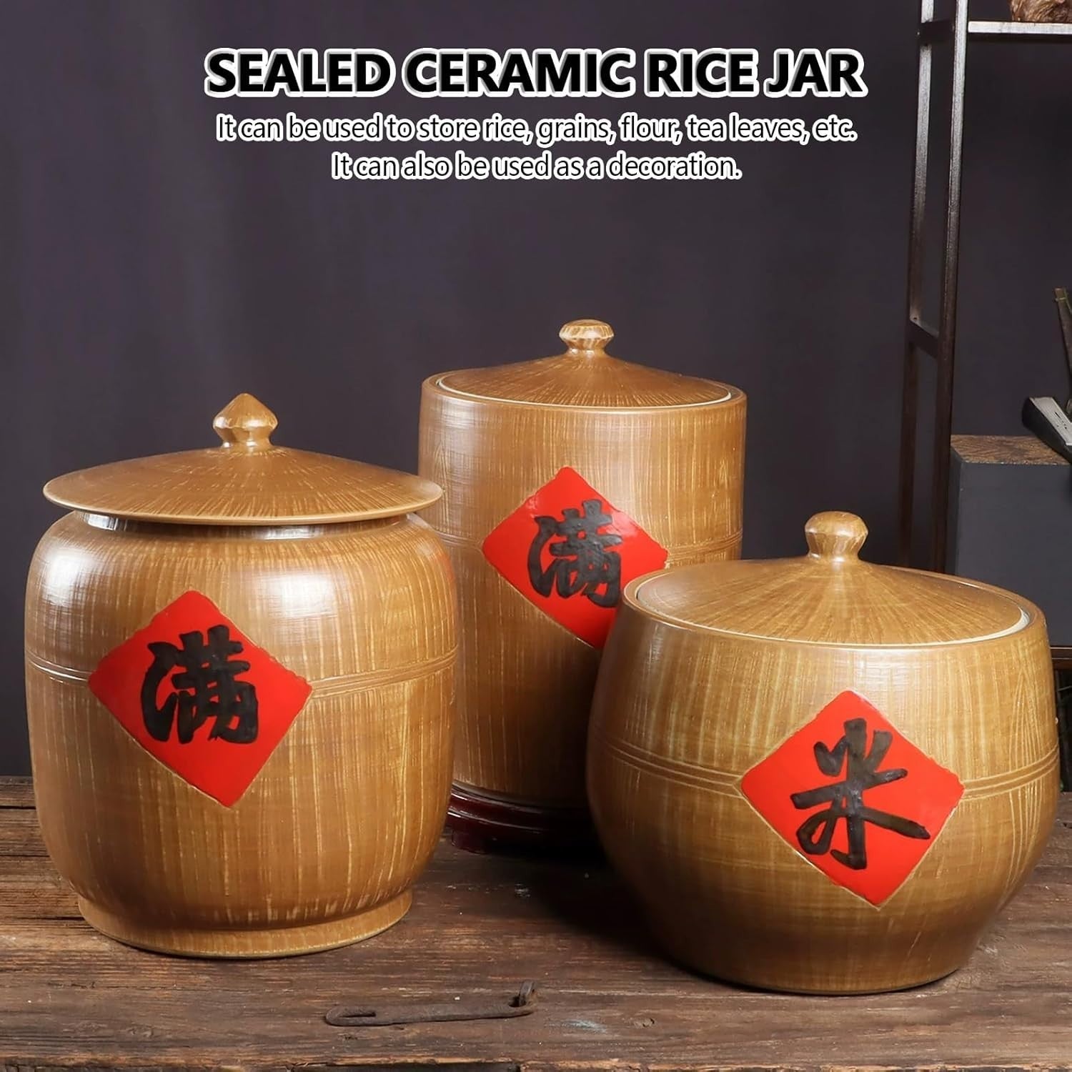 Ceramic Rice Storage Jar Airtight Grain Container 25x33x19cm