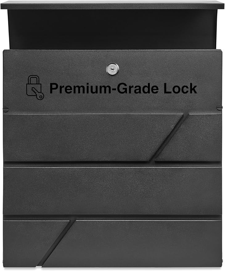 Lockable Wall Mounted Mailbox Black Steel Weatherproof Post Box w/ Keys & Holder