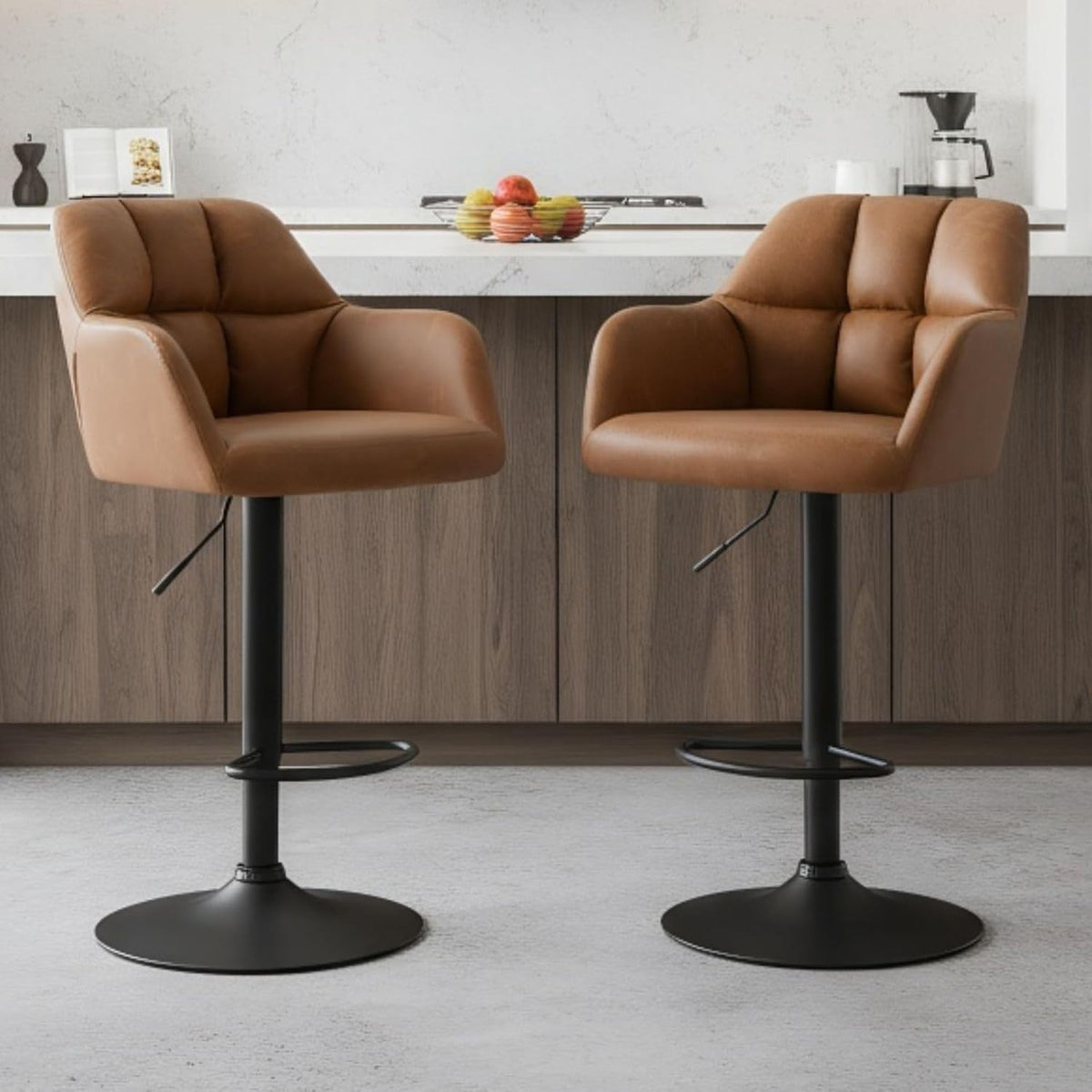 Adjustable home bar Brown PU Leather Bar Stools Set of 2 Swivel Kitchen Counter