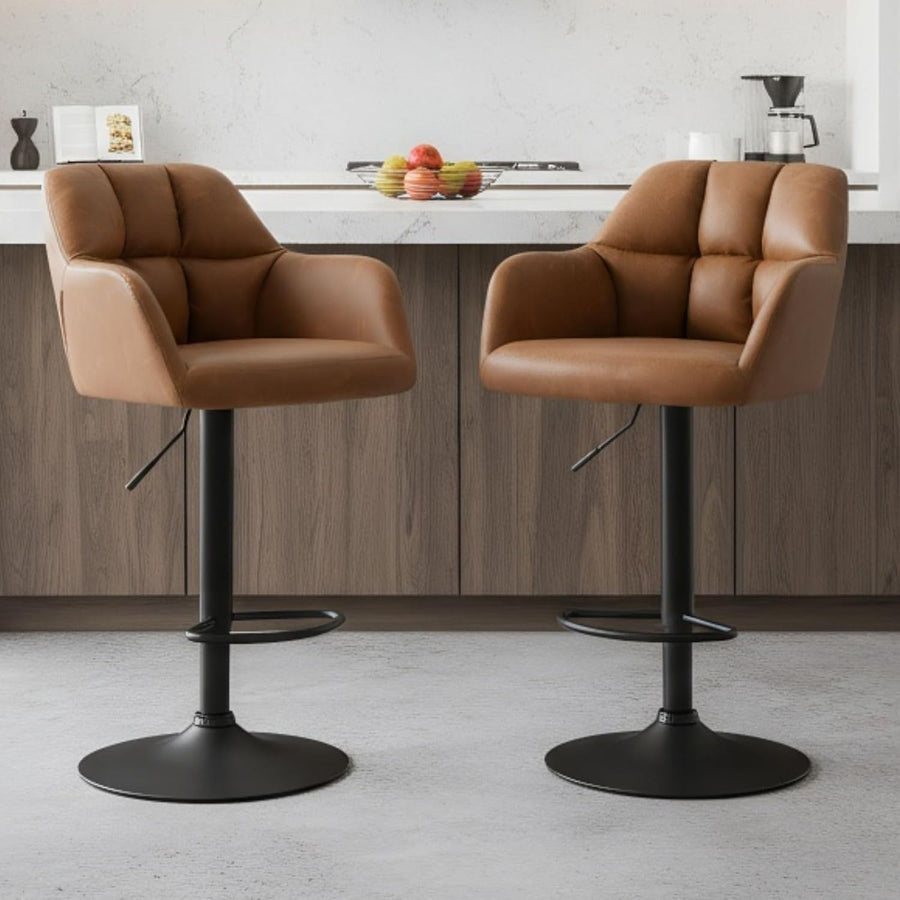 Adjustable home bar Brown PU Leather Bar Stools Set of 2 Swivel Kitchen Counter
