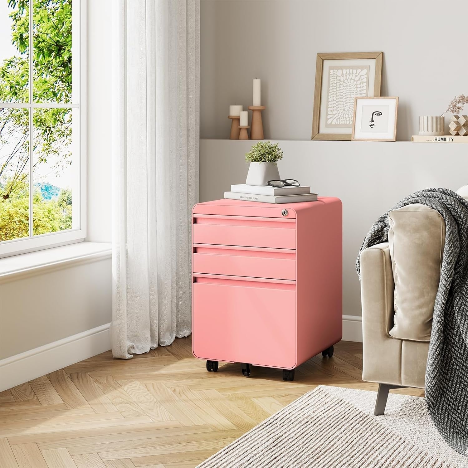 Pink Lockable Metal Filing Cabinet 3 Drawer A4 Anti Tilt on Wheels