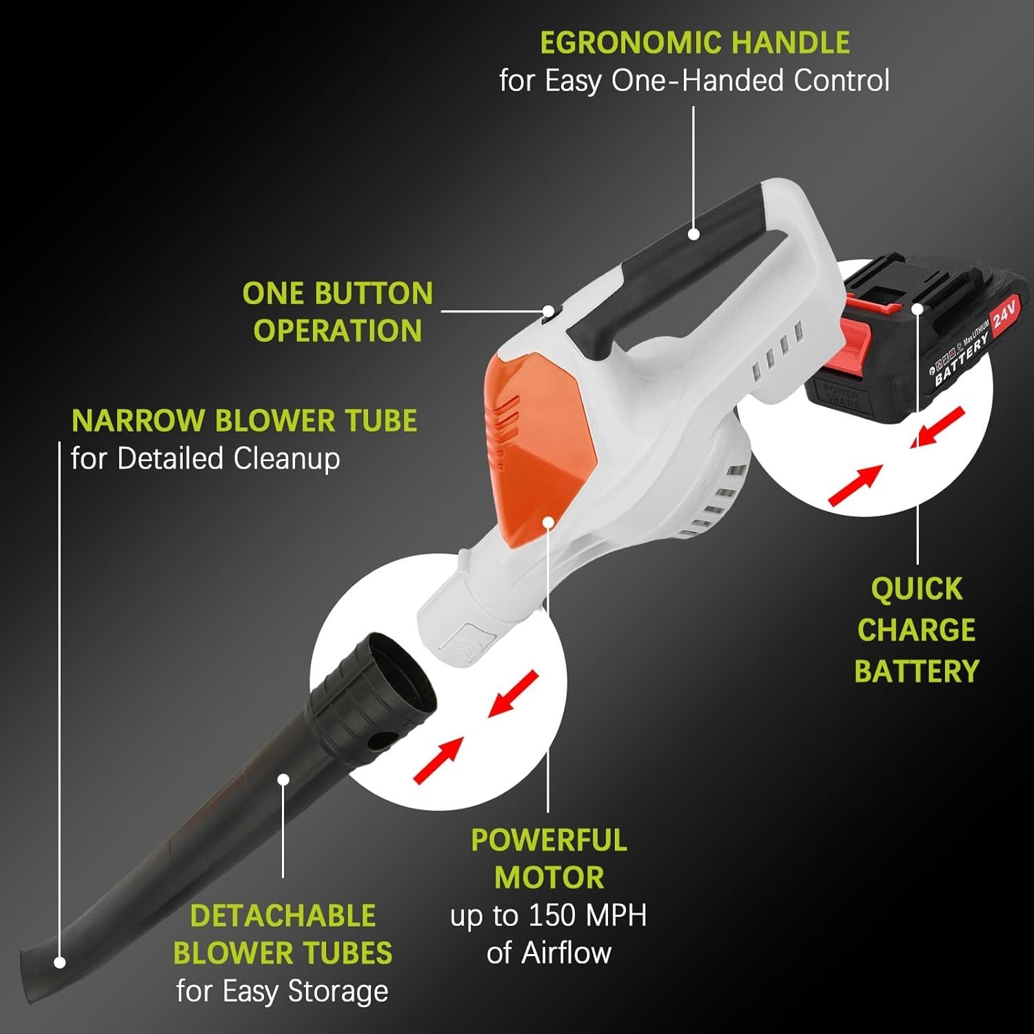 Cordless Leaf Blower 24V Dual Battery Lightweight Handheld Garden Cleaner