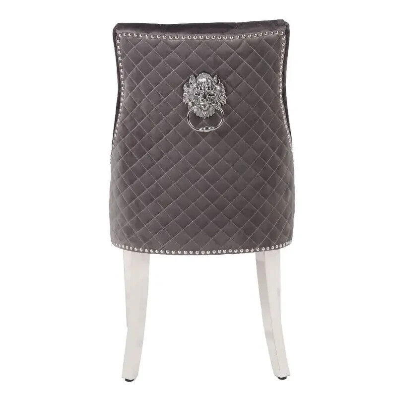 Pair Grey Velvet Dining Chairs | Lion Knocker Chrome Legs Tufted Back
