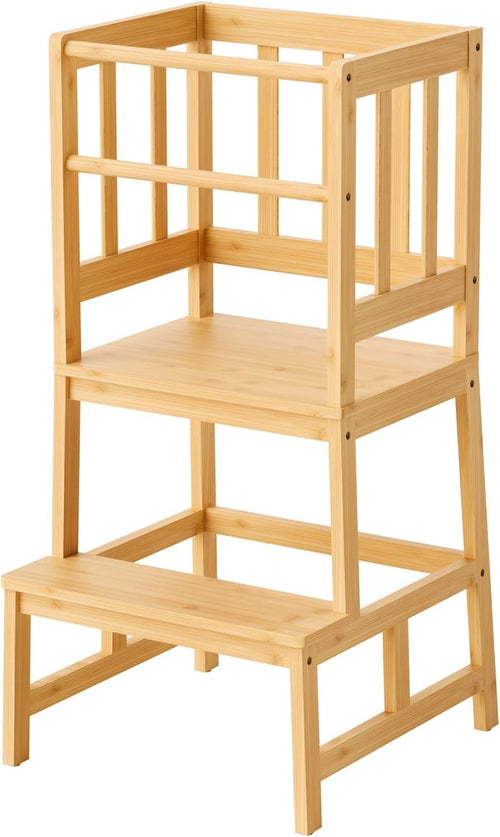 Kids Learning Tower Step Stool Bamboo Kitchen Helper Safe Sturdy 46x46x90cm