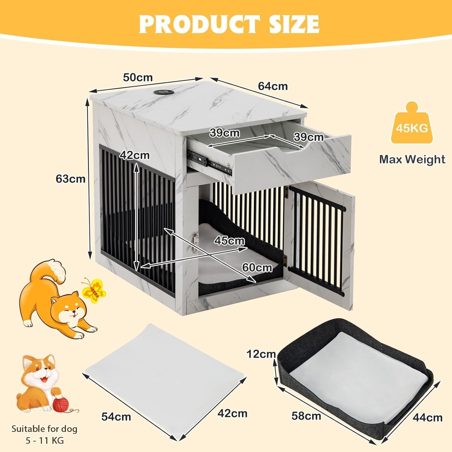 Wooden Dog Crate with Drawer & Wireless Charging Table Indoor Pet Kennel 64cm